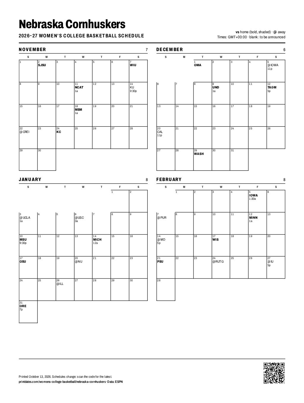 Nebraska Cornhuskers women's basketball 2026–27 printable schedule, all 29 games on one page