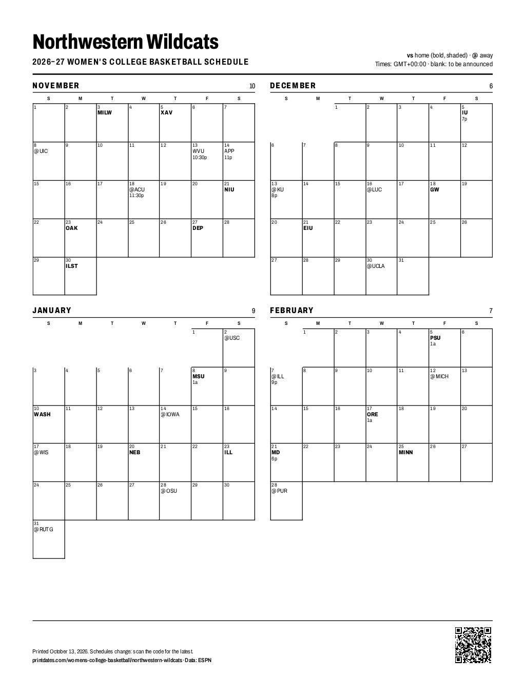 Northwestern Wildcats women's basketball 2026–27 printable schedule, all 32 games on one page