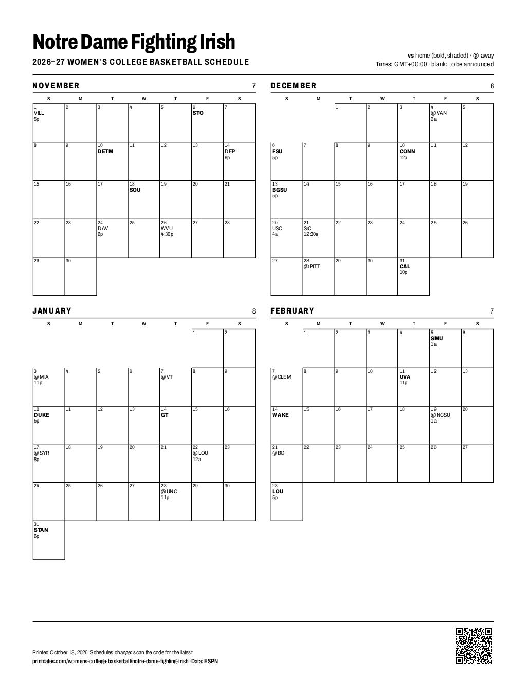 Notre Dame Fighting Irish women's basketball 2026–27 printable schedule, all 30 games on one page