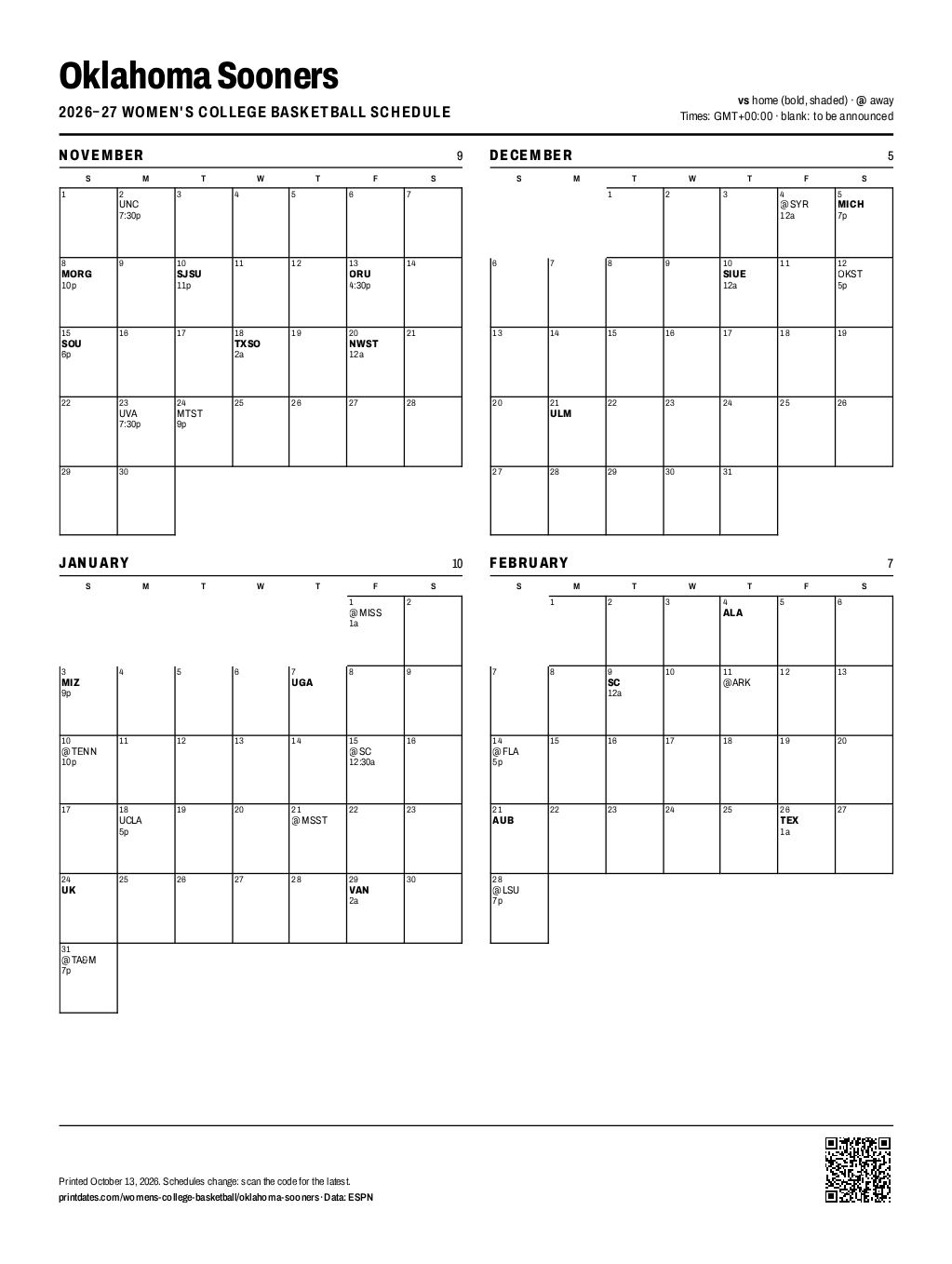 Oklahoma Sooners women's basketball 2026–27 printable schedule, all 31 games on one page