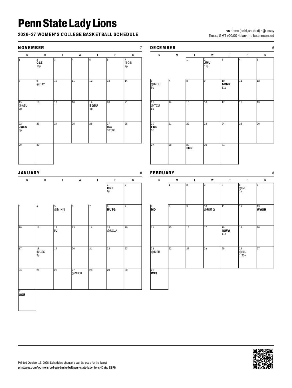 Penn State Lady Lions women's basketball 2026–27 printable schedule, all 29 games on one page