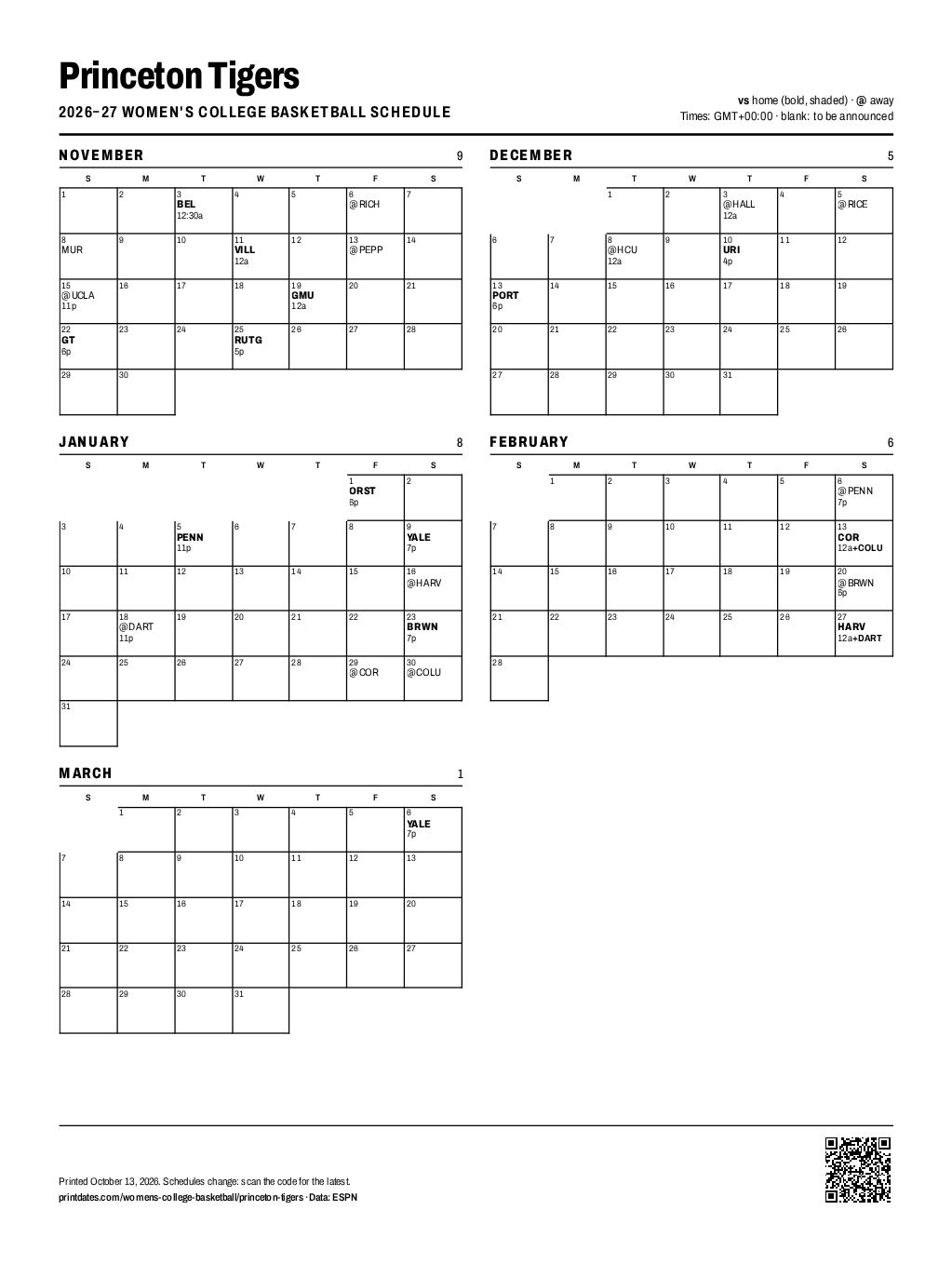 Princeton Tigers women's basketball 2026–27 printable schedule, all 29 games on one page