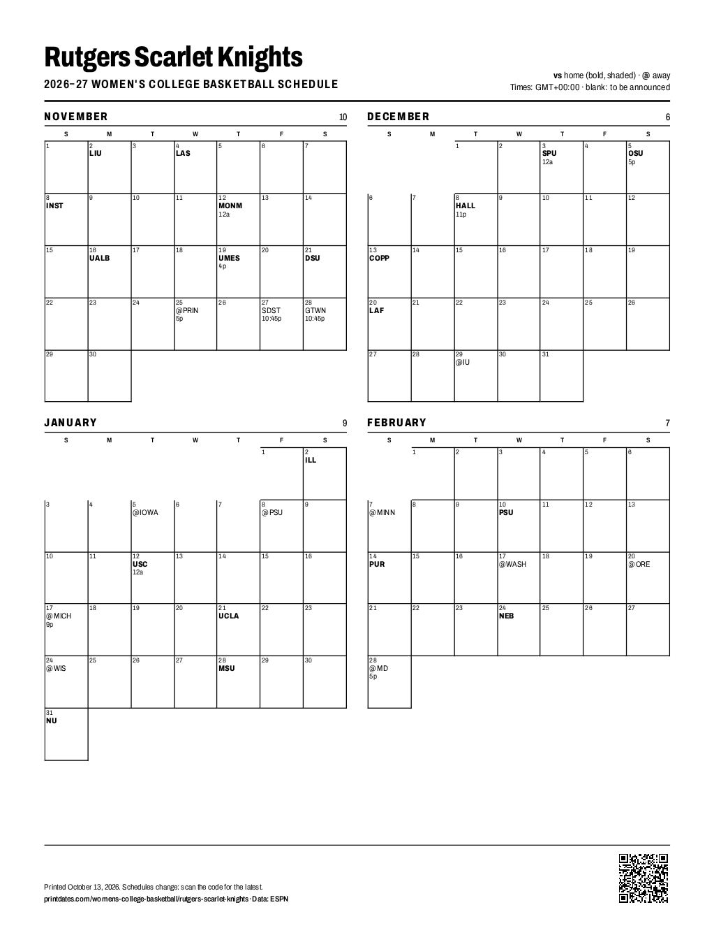 Rutgers Scarlet Knights women's basketball 2026–27 printable schedule, all 32 games on one page