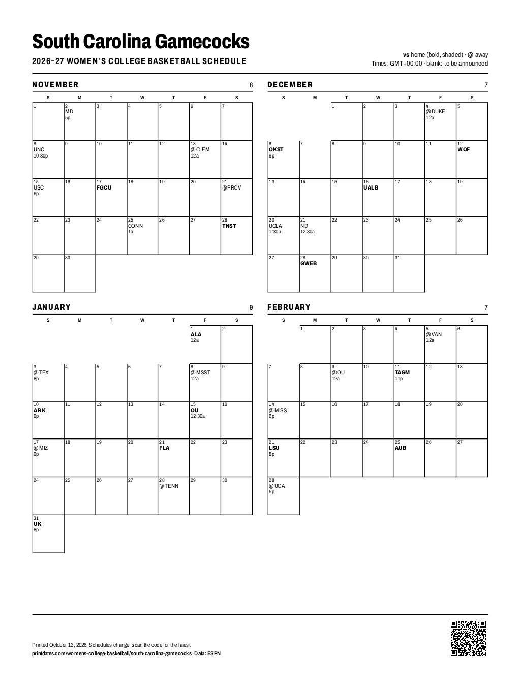 South Carolina Gamecocks women's basketball 2026–27 printable schedule, all 31 games on one page