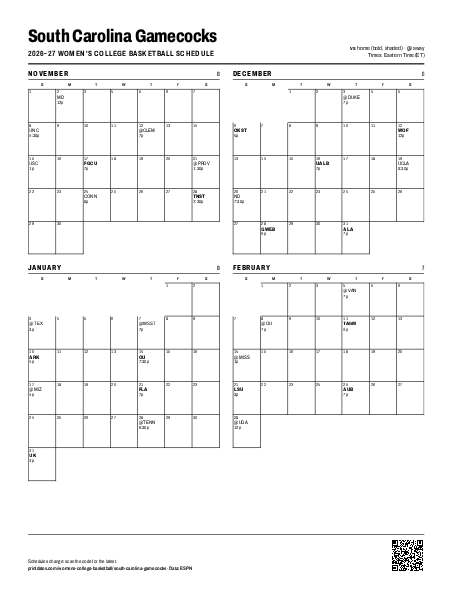 South Carolina Women's Basketball Schedule 2026-27 Printable