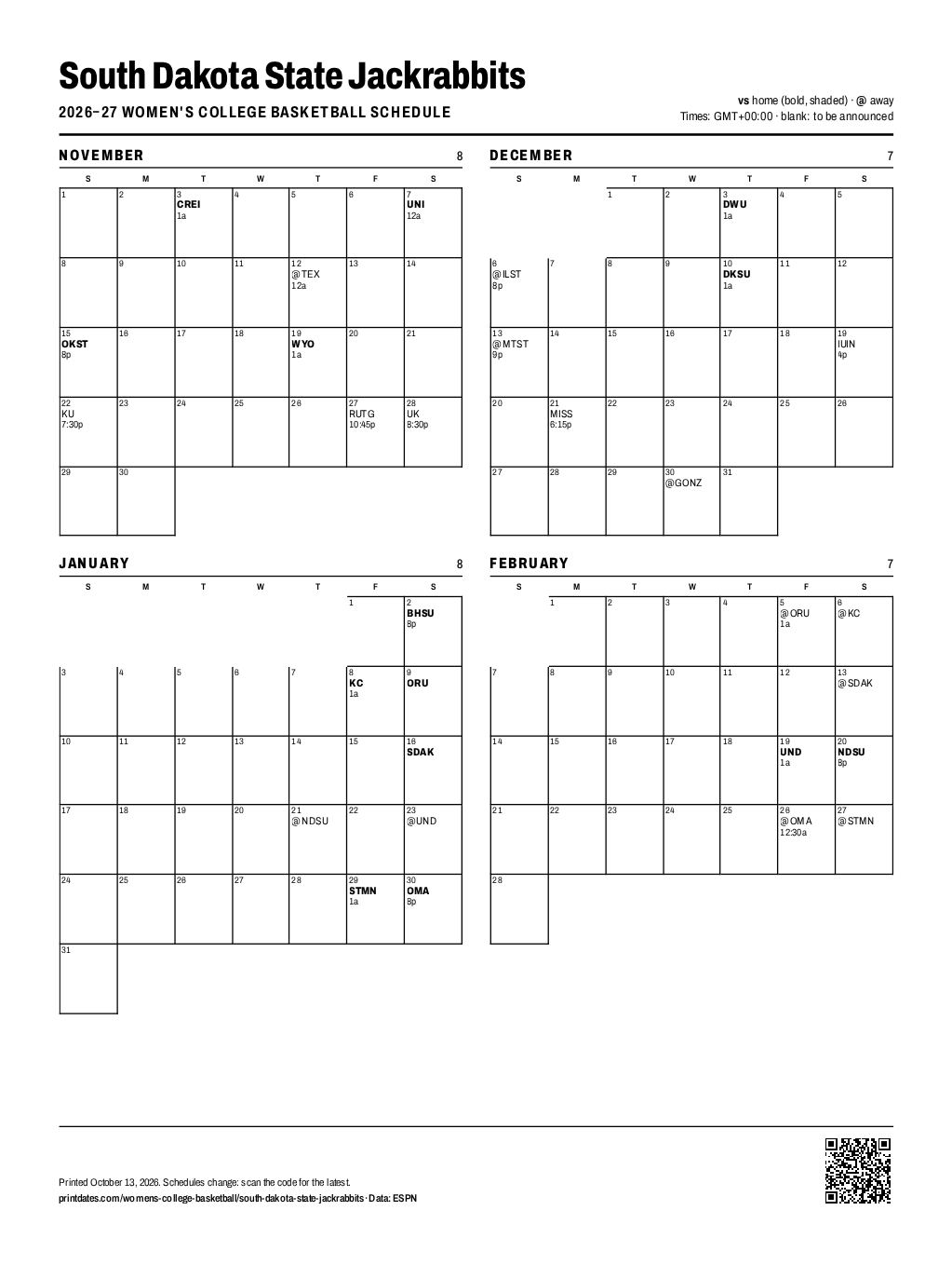 South Dakota State Jackrabbits women's basketball 2026–27 printable schedule, all 30 games on one page