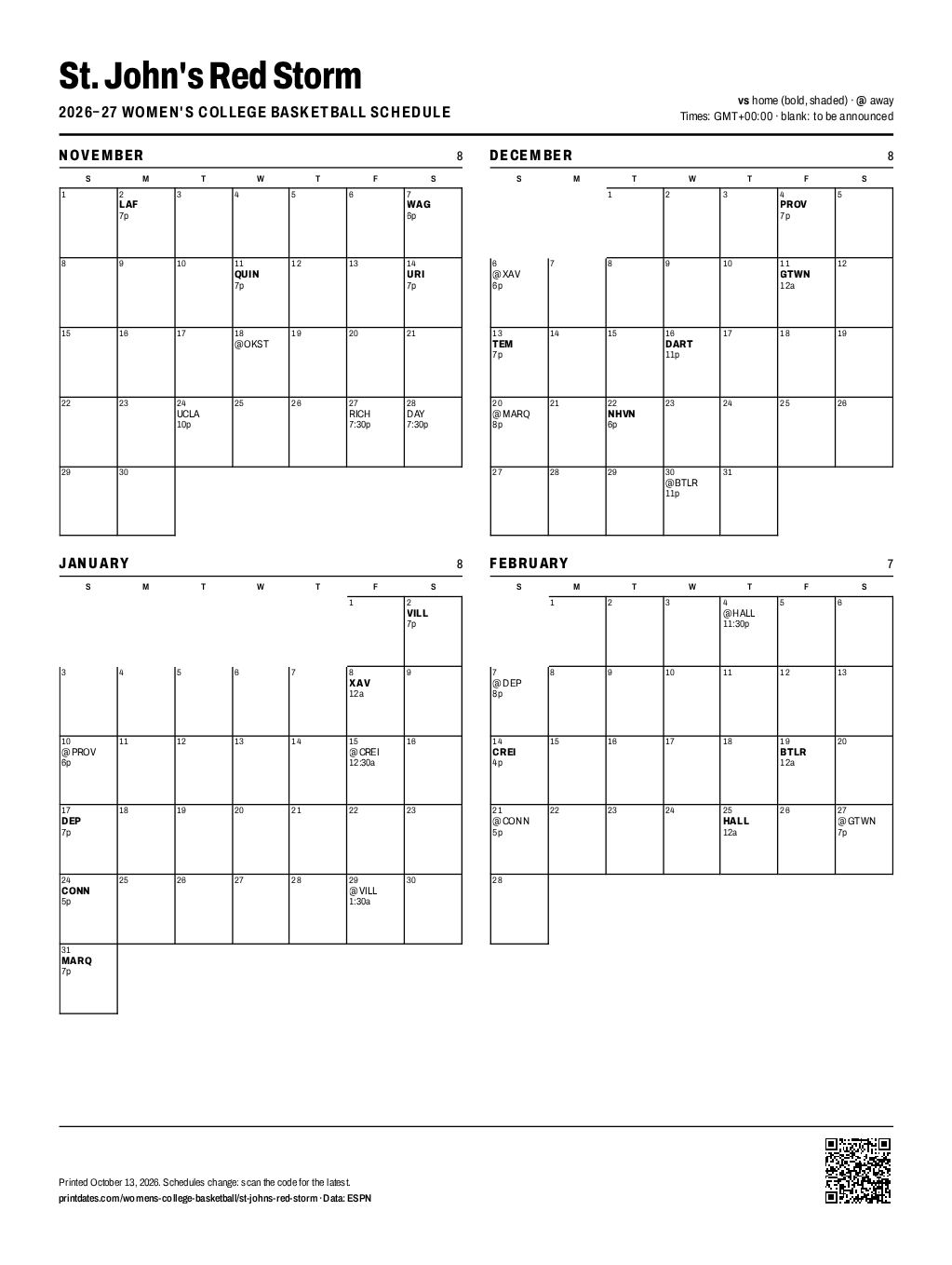 St. John's Red Storm women's basketball 2026–27 printable schedule, all 31 games on one page