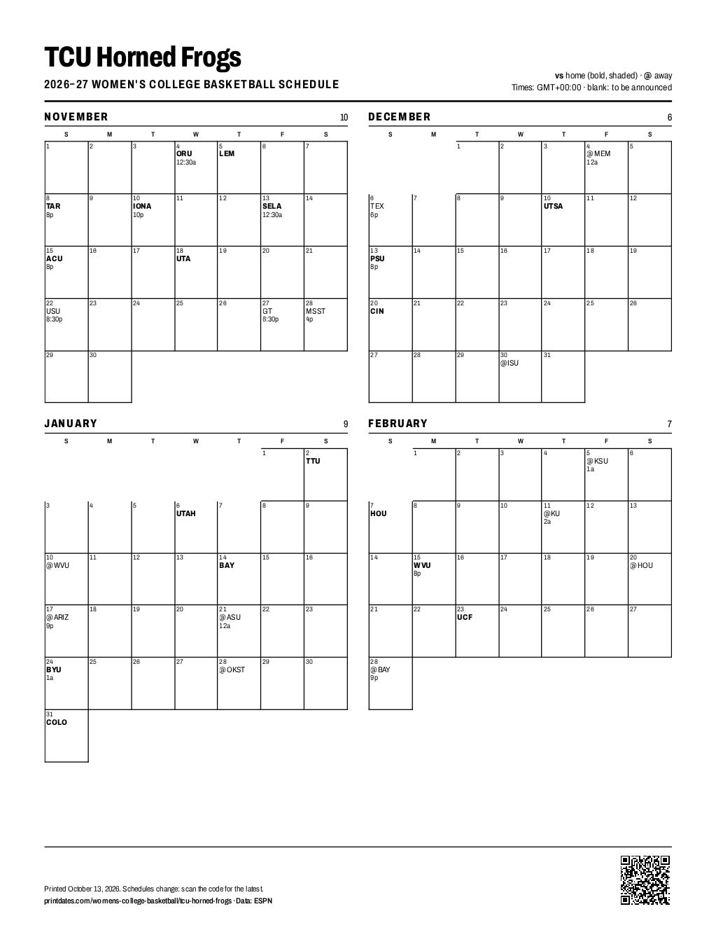 TCU Horned Frogs women's basketball 2026–27 printable schedule, all 32 games on one page