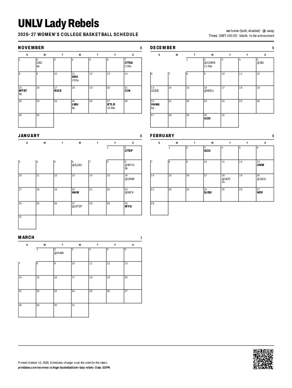 UNLV Lady Rebels women's basketball 2026–27 printable schedule, all 29 games on one page