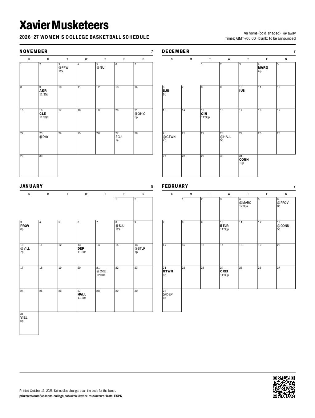 Xavier Musketeers women's basketball 2026–27 printable schedule, all 29 games on one page