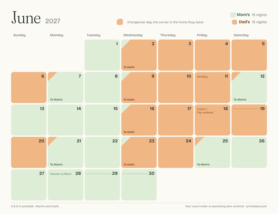 June of the two homes custody calendar packet in Meadow: each night at Mom's or Dad's, changeovers and Father's Day weekend