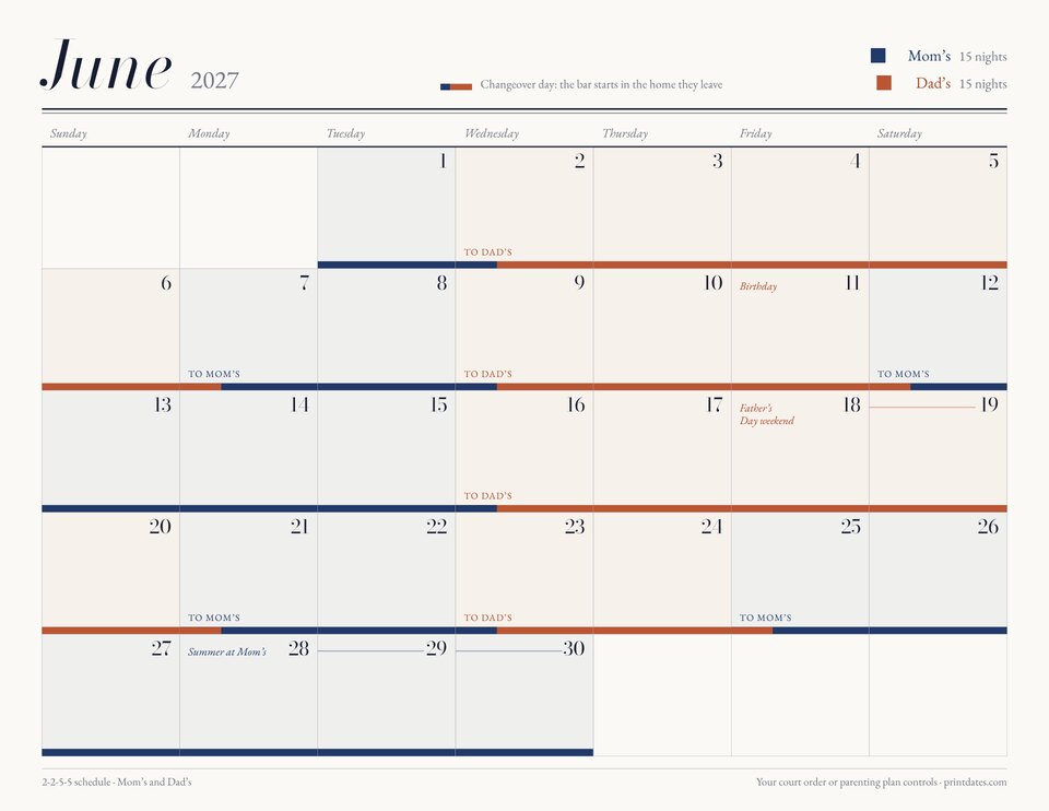June of the ledger custody calendar packet in Navy and rust: each night at Mom's or Dad's, changeovers and Father's Day weekend