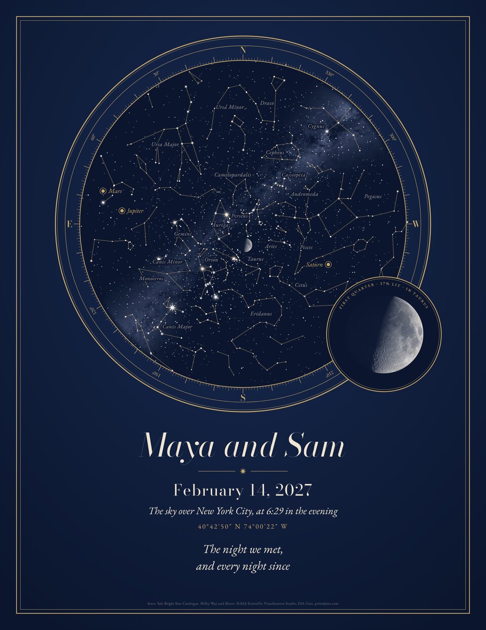 Star chart star map in Midnight: the sky over New York City on February 14, 2027, for Maya and Sam