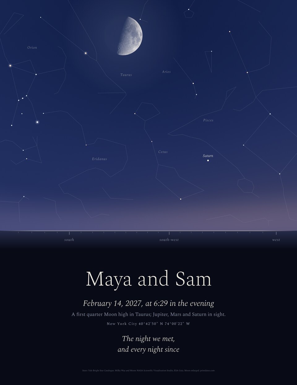 The sky as you saw it star map in True sky: the sky over New York City on February 14, 2027, for Maya and Sam