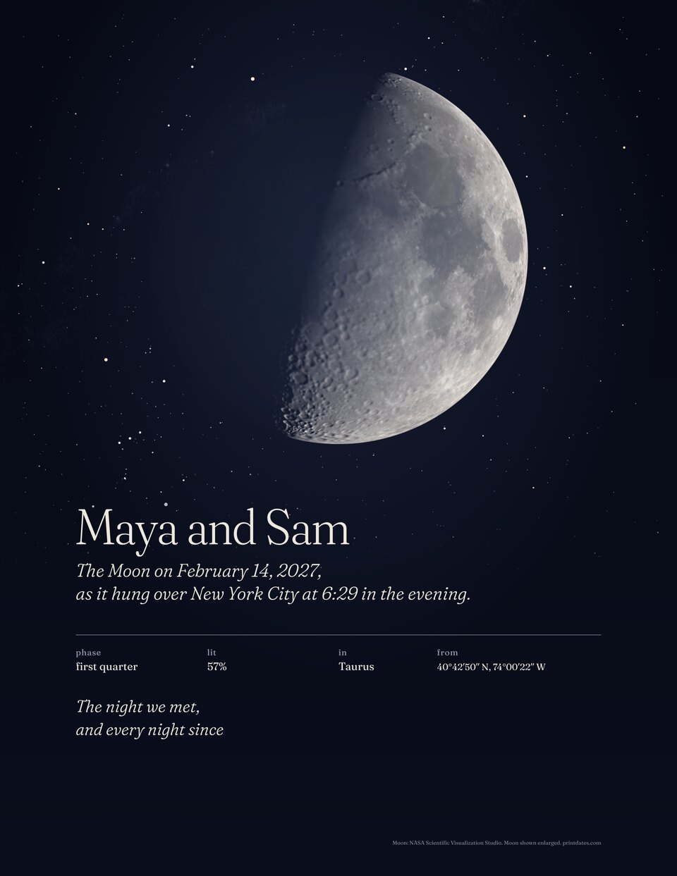 The Moon star map in Night: the sky over New York City on February 14, 2027, for Maya and Sam