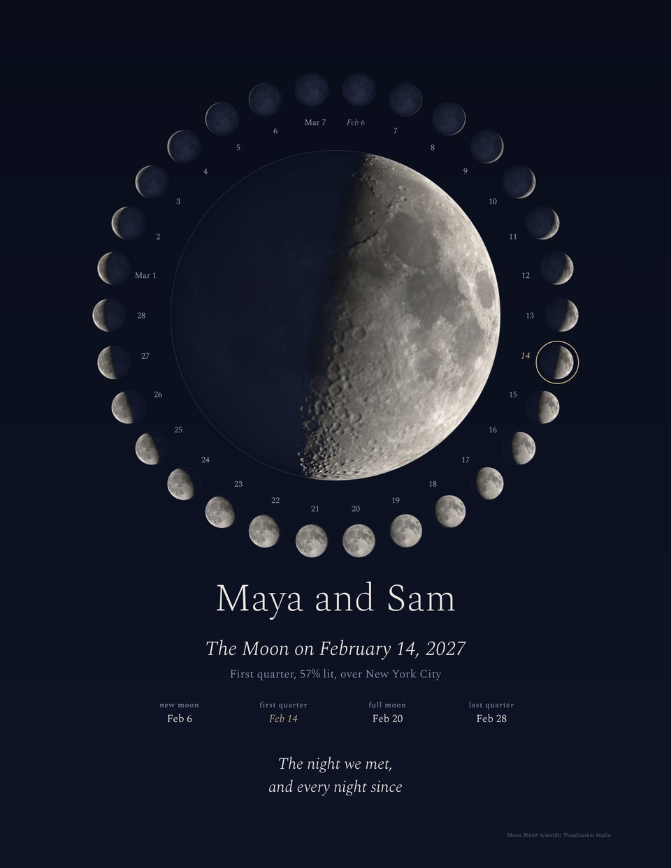 The Moon's month moon phase print in Ink: the Moon over New York City on February 14, 2027, for Maya and Sam