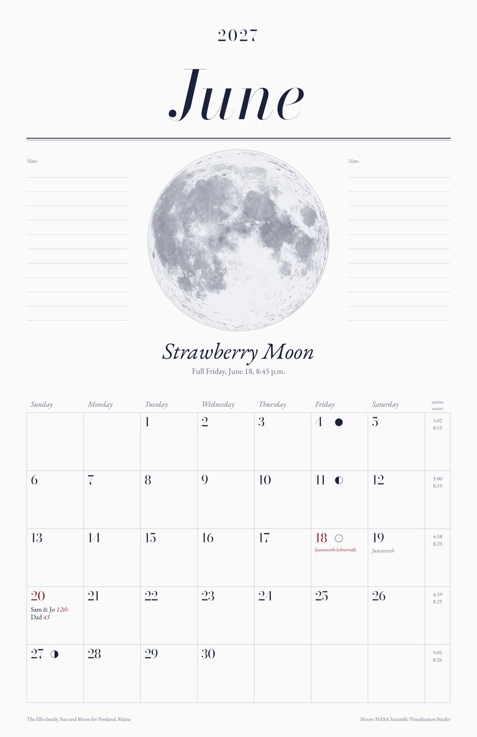 June of the the almanac personalized 2027 calendar in Porcelain: the Strawberry Moon, Father's Day, an anniversary and a birthday in their days