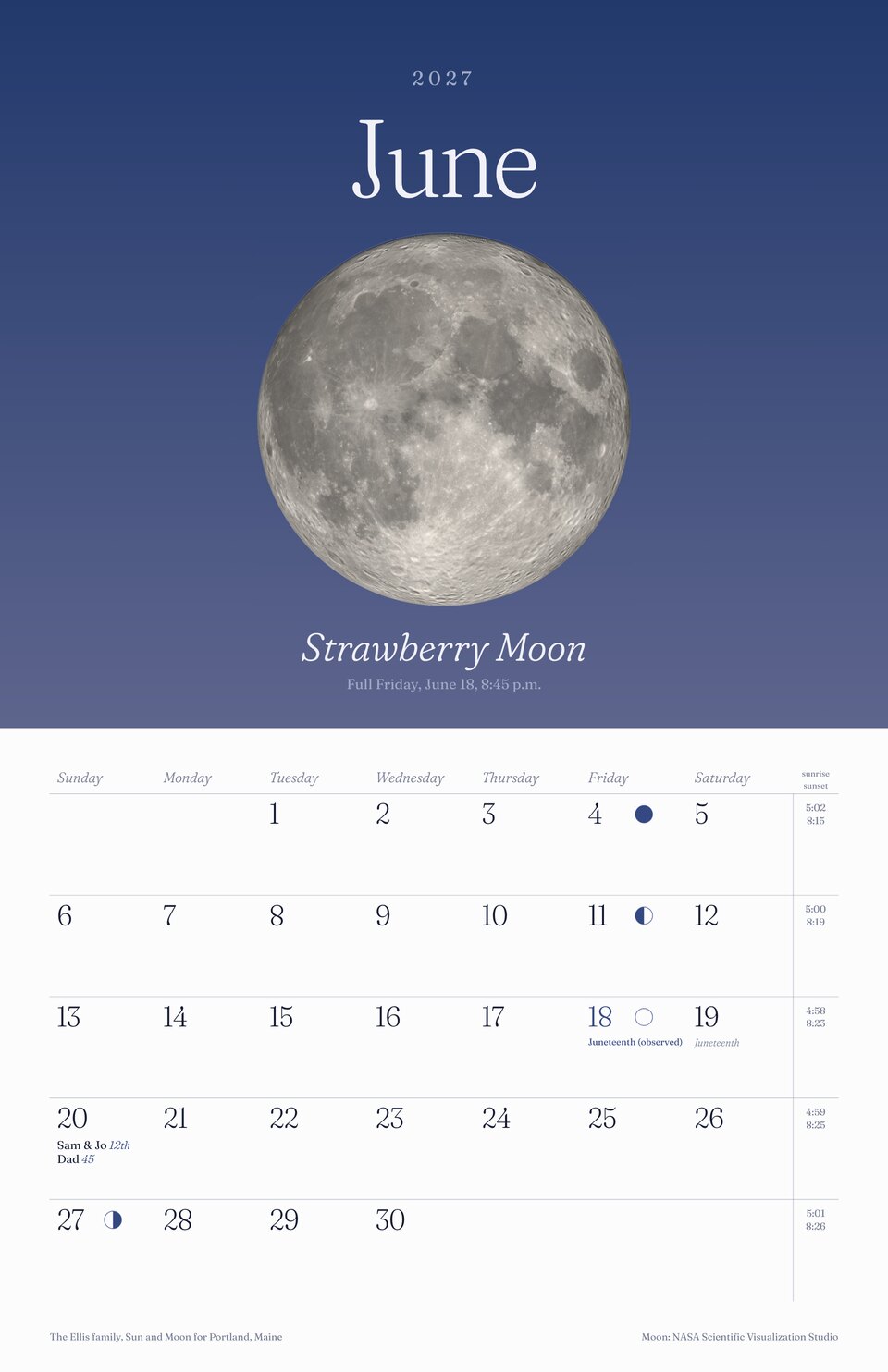 June of the moonlit personalized 2027 calendar in True night: the Strawberry Moon, Father's Day, an anniversary and a birthday in their days