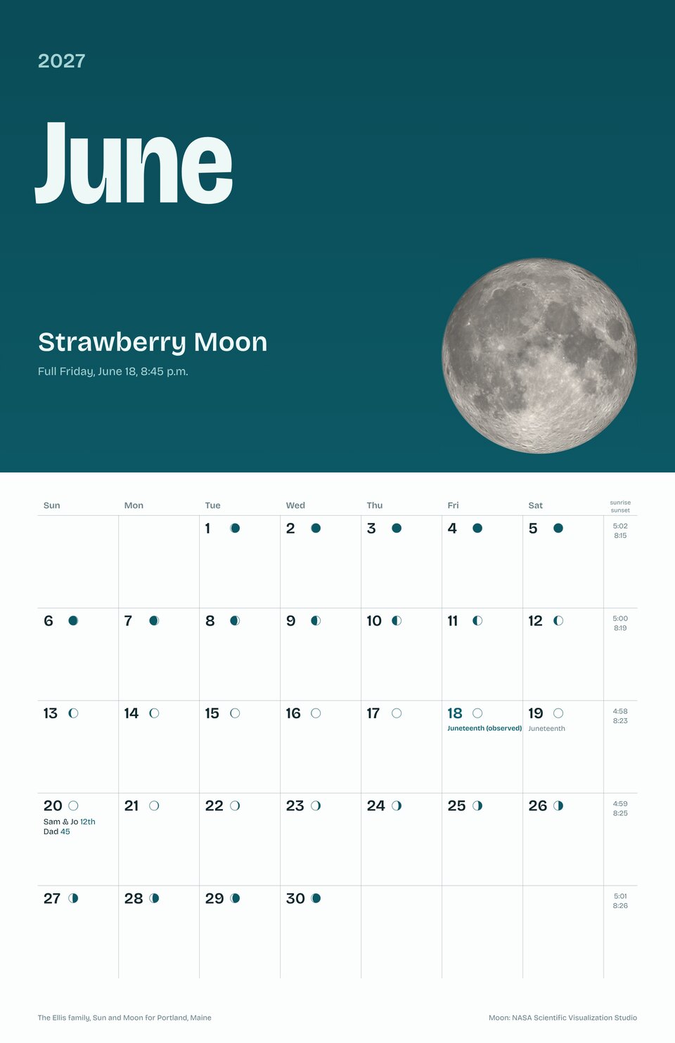 June of the every night's moon personalized 2027 calendar in Lagoon: the Strawberry Moon, Father's Day, an anniversary and a birthday in their days