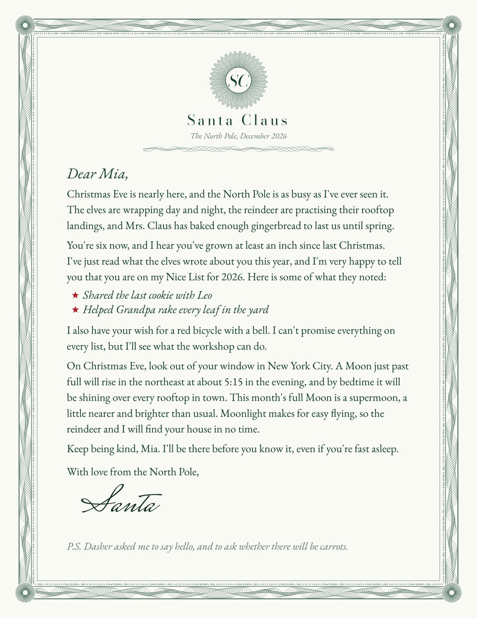Engraved letter from Santa in Holly, personalized for Mia in New York City