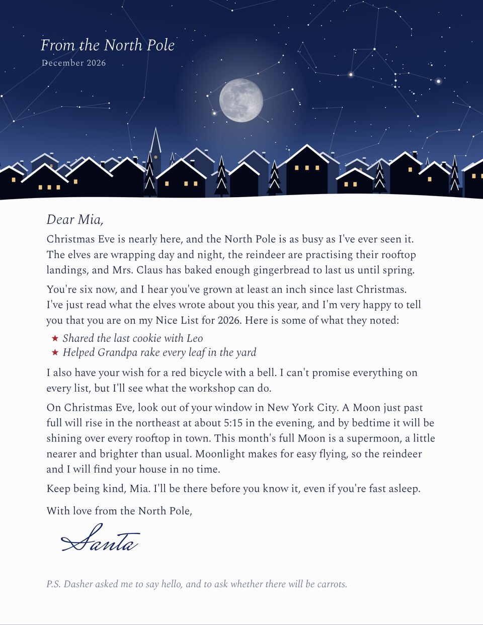 Moonlit letter from Santa in Winter night, personalized for Mia in New York City