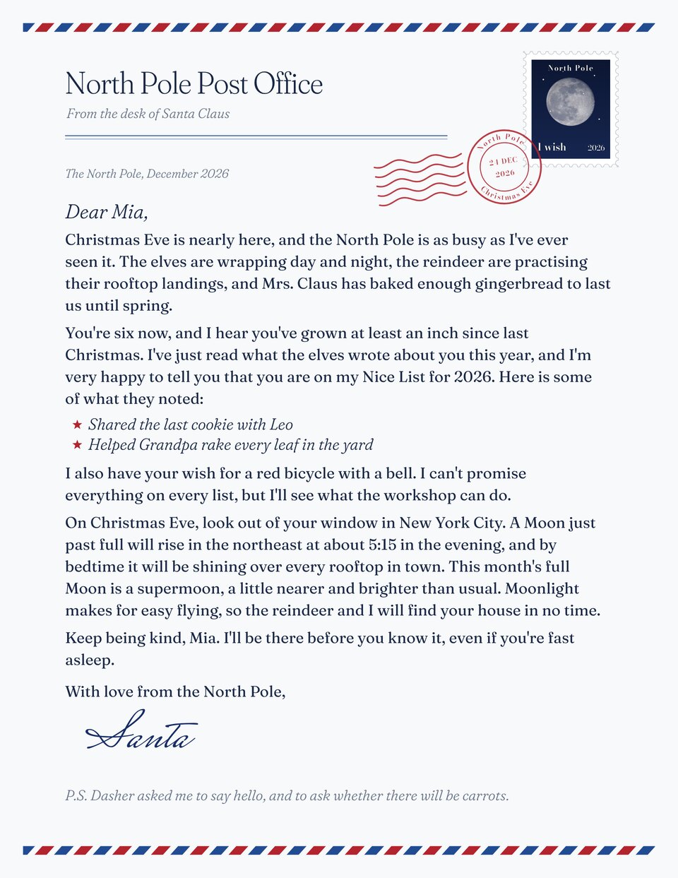 North Pole Post letter from Santa in Snow, personalized for Mia in New York City